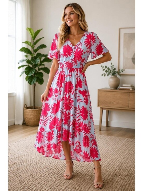 Abel The Label Dresses & Skirts - ABEL THE LABEL Anthropologie Tropical Floral High Low Maxi Dress Blue Red X S